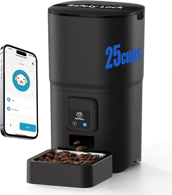 PAPIFEED 2.4G WiFi Automatic Cat Feeder, 6L/25Cup Automatic Pet Feeder with APP Control for Remote Feeding, Detachable for Easy Clean, Cat Food Dispenser with Alexa,1-10 Meals Per Day for Dog, Black-Mewly Pet