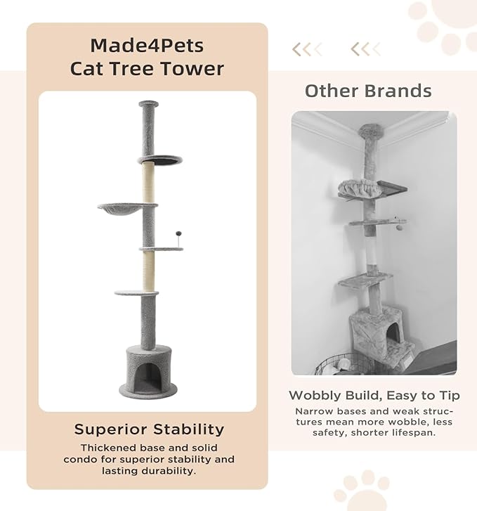 Made4Pets Floor to Ceiling Cat Tree 93-106'',Tall Cat Tower 5 Tiers,Adjustable Height, Stable Cat Tree Tower with Scratching Posts, Fluffy Condo, Hammock and Ball Toy for Indoor Cats/Kitten, Gray-Mewly Pet