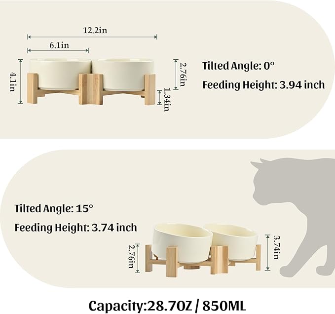 SPUNKYJUNKY 15° Slanted Ceramic Dog and Cat Bowl with Wooden Stand, Tilted Bulldog Food and Water Bowl No Slip Non-Spill for Cats Medium Dogs Big Face Pets 28.7 OZ (3.6 Cups, Beige × 2)-Mewly Pet