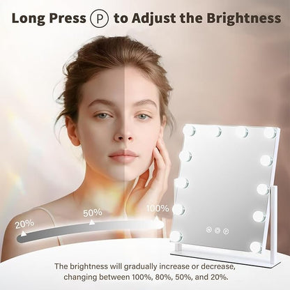 Vanity Mirror with Lights, 13'' x 11'' Lighted Makeup Mirror for Desk, Hollywood Mirror with 12 Dimmable Bulbs, 3 Color Modes, Smart Touch Control, 360°Rotation