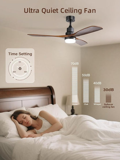 Sofucor 52 Inch Ceiling Fans with Lights and Remote Control, Modern Solid Wood Outdoor Ceiling Fan with Light for Bedroom Living Room Indoor Farmhouse Patio, Quiet DC Motor