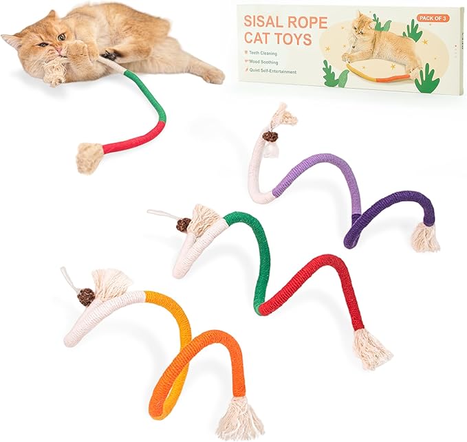 Cat Toys Chew Ropes,3Pcs Natural Catnip Chewing Rope,Safe Teeth Cleaning Toy for Indoor Kittens,Interactive Cat Nip Kitty Toys for 24 Inches All Breeds-Mewly Pet