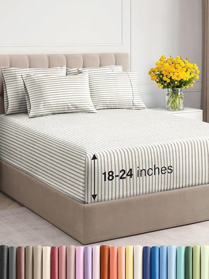 Extra Deep Queen Sheet Set - 6 Piece Breathable and Cooling Sheets - Hotel Luxury Bed Sheets Set - Easy Fit - Soft, Wrinkle Free and Comfy Sheets Set - Beige Striped Sheet Set with Extra Deep Pockets