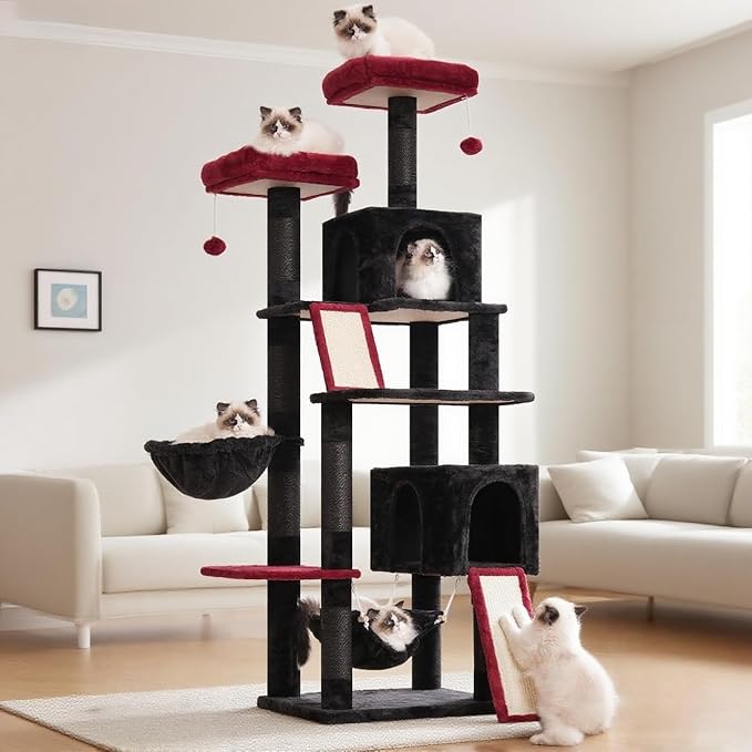 Cat Tree for Indoor Cats, 71'' (180cm) Multi-Level Cat Tower for Large Adult, Gothic Sturdy Cat Tree House with 2 Scratching Boards 7 Posts, 2 Plush Perches/Condos, Hammock, Black GCT032BR-Mewly Pet