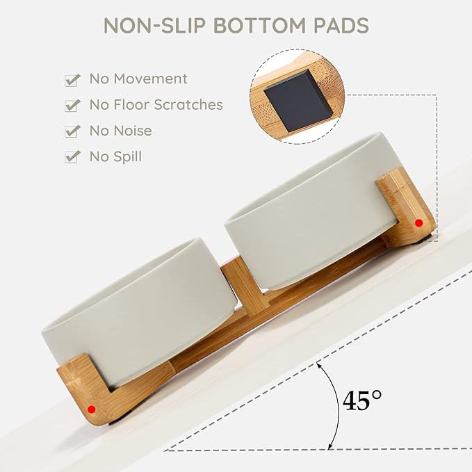 SPUNKYJUNKY Ceramic Dog and Cat Bowl with Wood Stand Non-Slip Matte Glaze Weighted Food Water Set for Cat Medium Dog 28.7 OZ-Mewly Pet