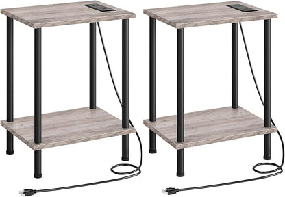 HOOBRO Side Table with Charging Station, Set of 2 End Tables with USB Port and Outlets, Nightstand with 2-Layer Storage Shelves for Small Spaces, Living Room, Bedroom, Greige and Black BG09UBZP201