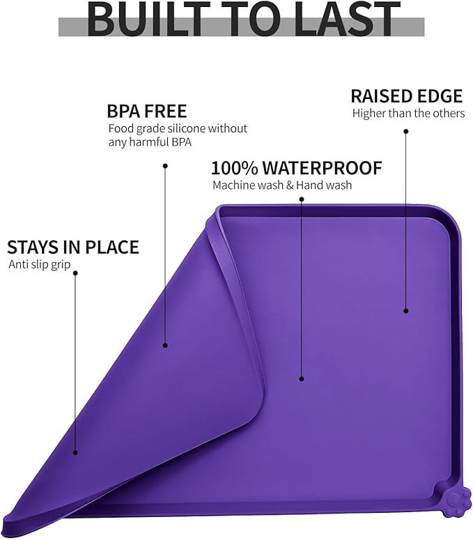 Waterproof Pet Feeding Mat with High Raised Edges, Heavier and Thicker Placemats for Cat Dog Water Bowl with BPA Free, Dogs Cats Food Mats for Messy Drinkers to Prevent Spill and Protect Floors-Mewly Pet