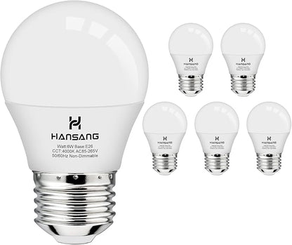 hansang E26 Ceiling Fan Light Bulbs, 4000K Natural Daylight, 60 Watts Equivalent, A15 LED Small Light Bulb, E26 Standard Base Refrigerator Light Bulb, 600lm, 120V, CRI85+, 120V, Non-Dimmable 6 Pack