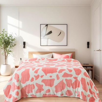 Fleece Cow Print Blanket Queen Size for All Season - Premium Lightweight Anti-Static Super Soft Cozy Plush Cow Blankets for Queen/Full Bed,90" x 90"(Pink Cow)
