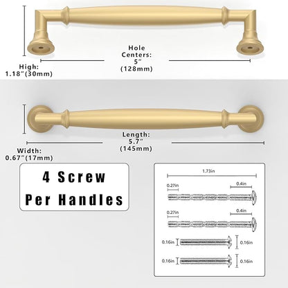 10 Pack Brushed Gold Cabinet Pulls 5 Inch(128mm) Kitchen Cabinet Handles Solid Zinc Alloy Cabinet Hardware Drawer Pulls