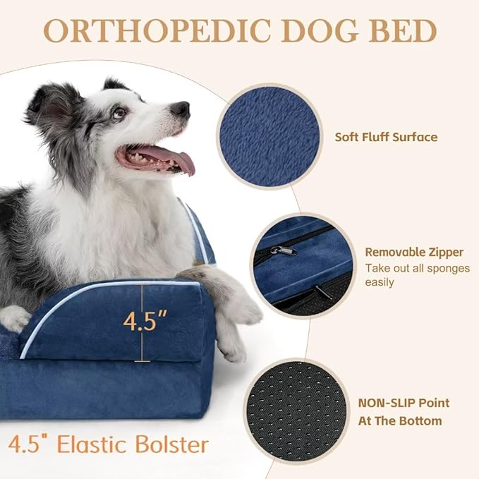 Comfort Expression Large Dog Beds, Waterproof Dog Beds Orthopedic Foam, Dogs Sofa Comfy Pet Beds with Washable Removable Cover & Non-Slip Bottom(Large,Navy Blue)-Mewly Pet