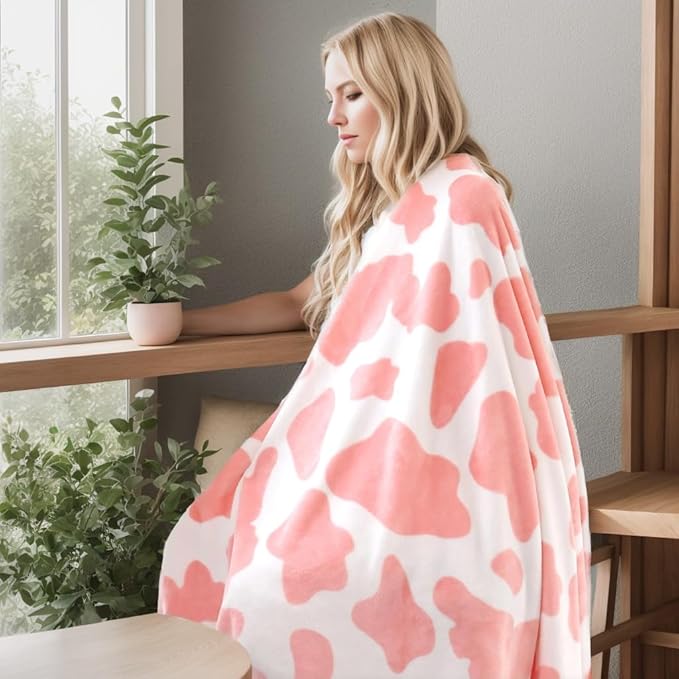 Fleece Cow Print Blanket for All Season - Premium Lightweight Anti-Static Pink and Ivory Queen/Full Size Blankets, Bedroom Decor 90" x 90"(Pink Cow)
