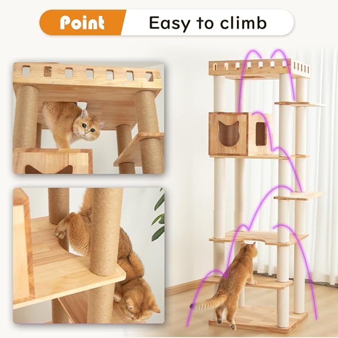 74" Wooden Cat Tree Tower for Large Cats, Multi-Level Cat Climbing Furniture with Scratching Posts, Cat Condo & Hammock, Natural Wood Cat Activity Center (White)-Mewly Pet