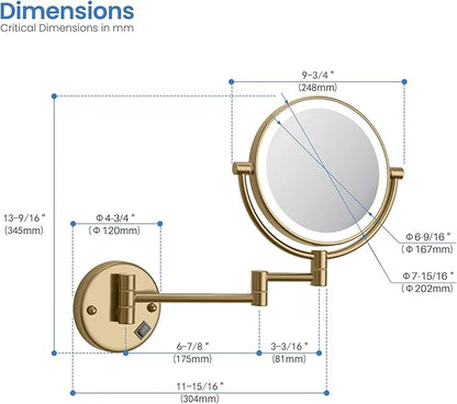 KIBI Circular Wall Mount Makeup Mirror with LED Lights, Dual-Sided 1x/5x Magnifying Mirror with Adjustable Arm, 360° Swivel, Solid Brass Construction for Durability and Style (Brushed Brass, KMM101)