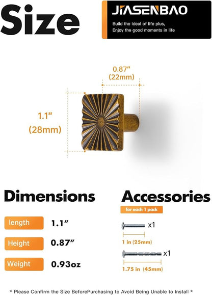2 Pack Antique Brass Cabinet Knobs Square Vintage Drawer Pulls Bathroom Dresser Handles Hardware Zinc Alloy