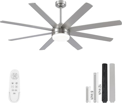 YUHAO 62 Inch Brushed Nickel Ceiling Fan with Light and Remote Control.Noiseless,Dimmable,3CCT,6 Speeds Reversible, DC Ceiling Fans for Indoor or Covered Outdoor