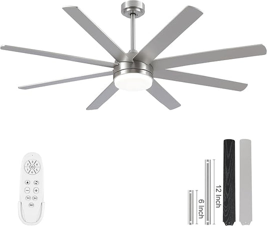 YUHAO 62 Inch Brushed Nickel Ceiling Fan with Light and Remote Control.Noiseless,Dimmable,3CCT,6 Speeds Reversible, DC Ceiling Fans for Indoor or Covered Outdoor