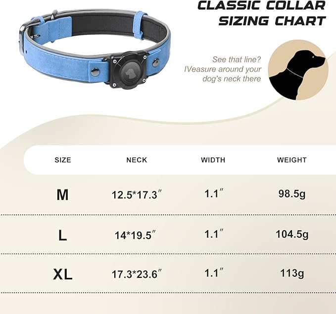 AirTag Dog Collar - Leather Dog Collar with Air Tag Holder | IPX8 Waterproof, Reflective, High - End, Adjustable Soft Padded | Dog GPS Tracker Collars Fit for Medium Large Dogs (Blue, M)-Mewly Pet