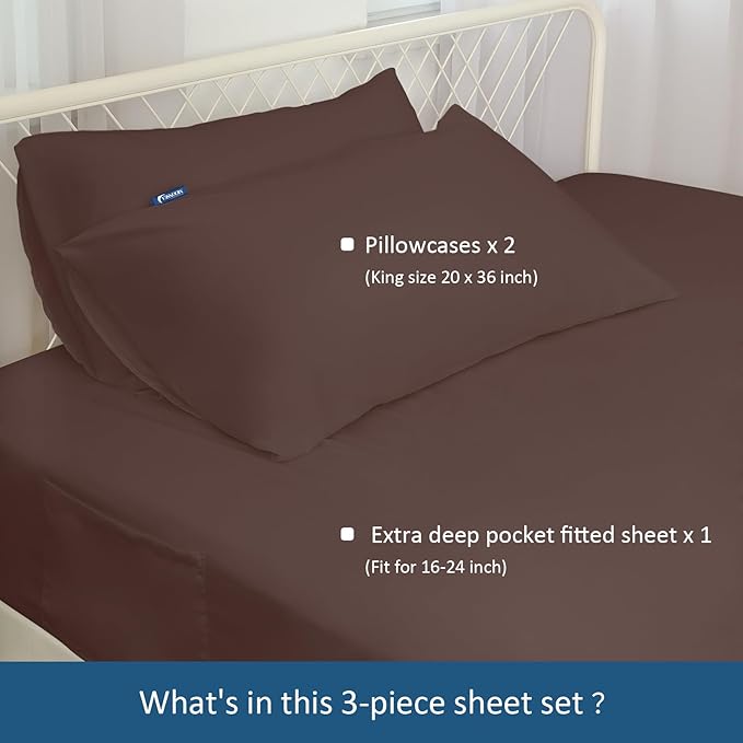 California King Sheet Sets for Air Mattress - Extra Deep Pocket Cal King Sheet Set - 3Pcs Side Storage Pocket Fitted Sheet & Pillowcases Easily Fits 16in to 24in Pillow Top Air Bed Mattress - Brown