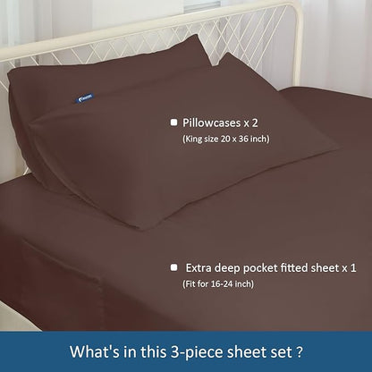 California King Sheet Sets for Air Mattress - Extra Deep Pocket Cal King Sheet Set - 3Pcs Side Storage Pocket Fitted Sheet & Pillowcases Easily Fits 16in to 24in Pillow Top Air Bed Mattress - Brown
