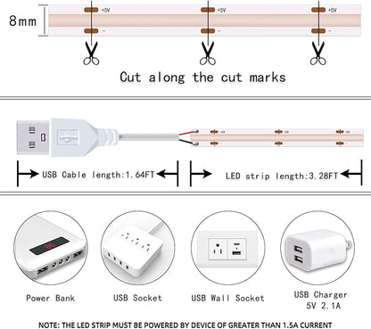 Short LED Strip Lights Purple 5V USB Not Dimmable Flexible COB LED Rope Lights 320LEDs/m Purple Super Bright Bendable Small Tape Lights for Living Room TV Lights Decoration (3.28FT/1M)