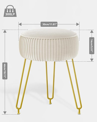 IBUYKE Velvet Round Footrest Stool Ottoman, Makeup Vanity Stool Side Table, Velvet Dressing Table Seat, Pouf Couch Stool, Golden Steel Legs, Creamy-White LG-30M