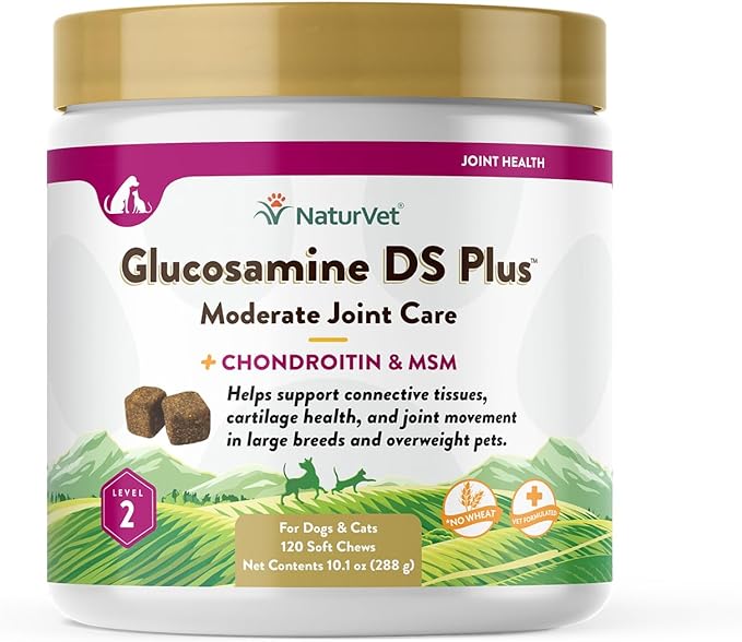 NaturVet – Glucosamine DS Plus - Level 2 Moderate Care – Supports Healthy Hip & Joint Function – Enhanced with Glucosamine, MSM & Chondroitin – for Dogs & Cats–120 Soft Chews-Mewly Pet