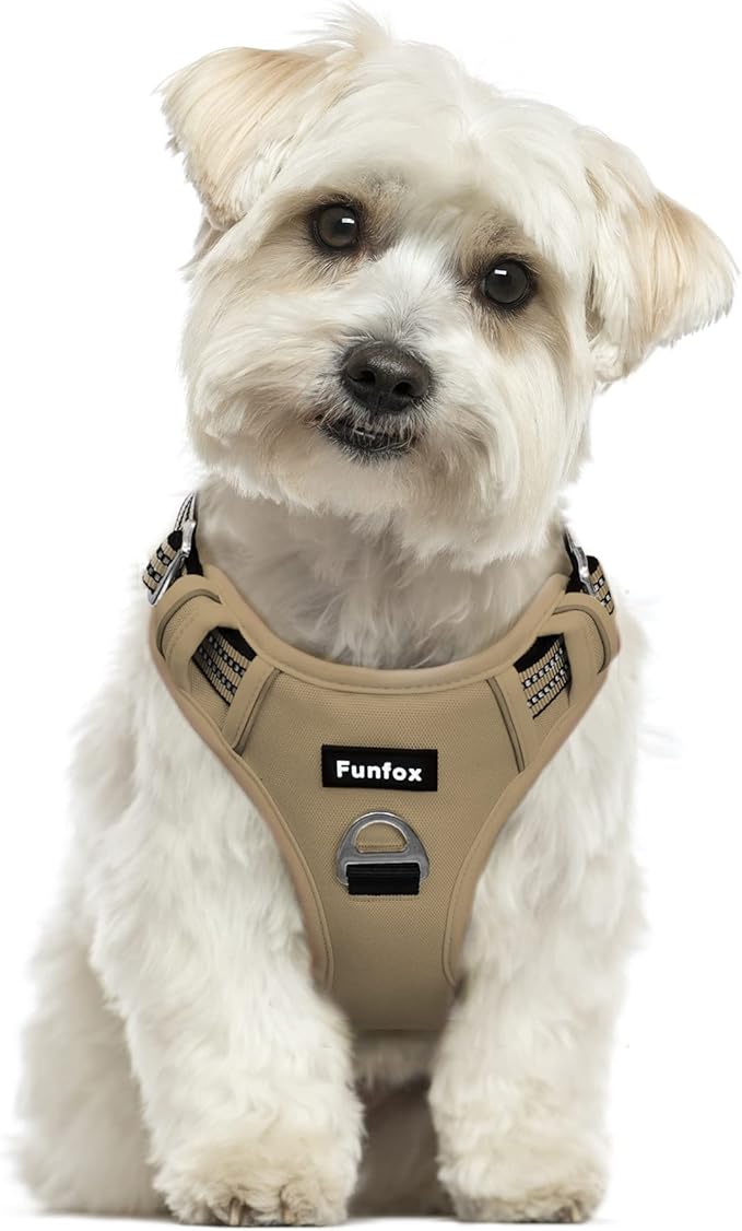 Funfox Dog Harness No Pull, Adjustable Pet Vest Harness, Super Soft Material with Vertical Handle Easy Control, Reflective Night Walking, 2 Leash Clips for Small Sized Dogs, Brown, S-Mewly Pet