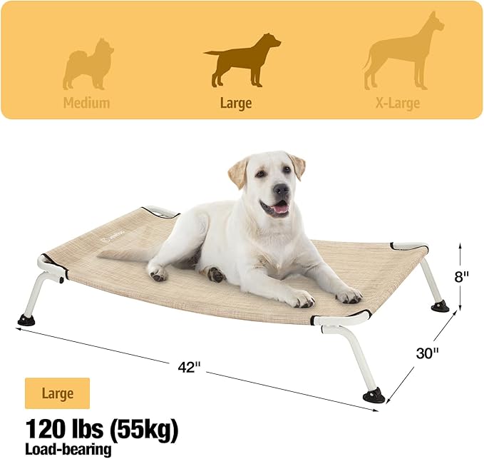 Veehoo Elevated Dog Bed for Outdoor, Cooling Waterproof Raised Dog Cots Beds for Large Dogs, Curved Off Ground Pet Hammock Cot Lifted for Outside, up to 85lbs, White Legs, Beige 42"-Mewly Pet