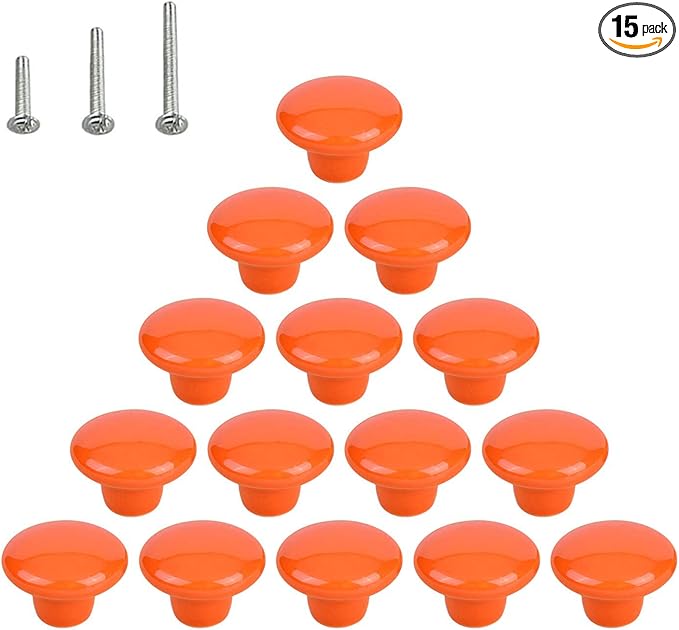 HUAMULAN 15PCS Orange Glossy Ceramic Knobs Button Round Mushroom Cabinet Dresser Vintage Pulls Door Handles Cupboard Wardrobe Drawer, Dia. 1.5 inch 38mm