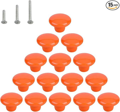 HUAMULAN 15PCS Orange Glossy Ceramic Knobs Button Round Mushroom Cabinet Dresser Vintage Pulls Door Handles Cupboard Wardrobe Drawer, Dia. 1.5 inch 38mm