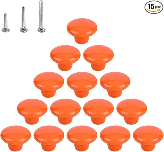 HUAMULAN 15PCS Orange Glossy Ceramic Knobs Button Round Mushroom Cabinet Dresser Vintage Pulls Door Handles Cupboard Wardrobe Drawer, Dia. 1.5 inch 38mm