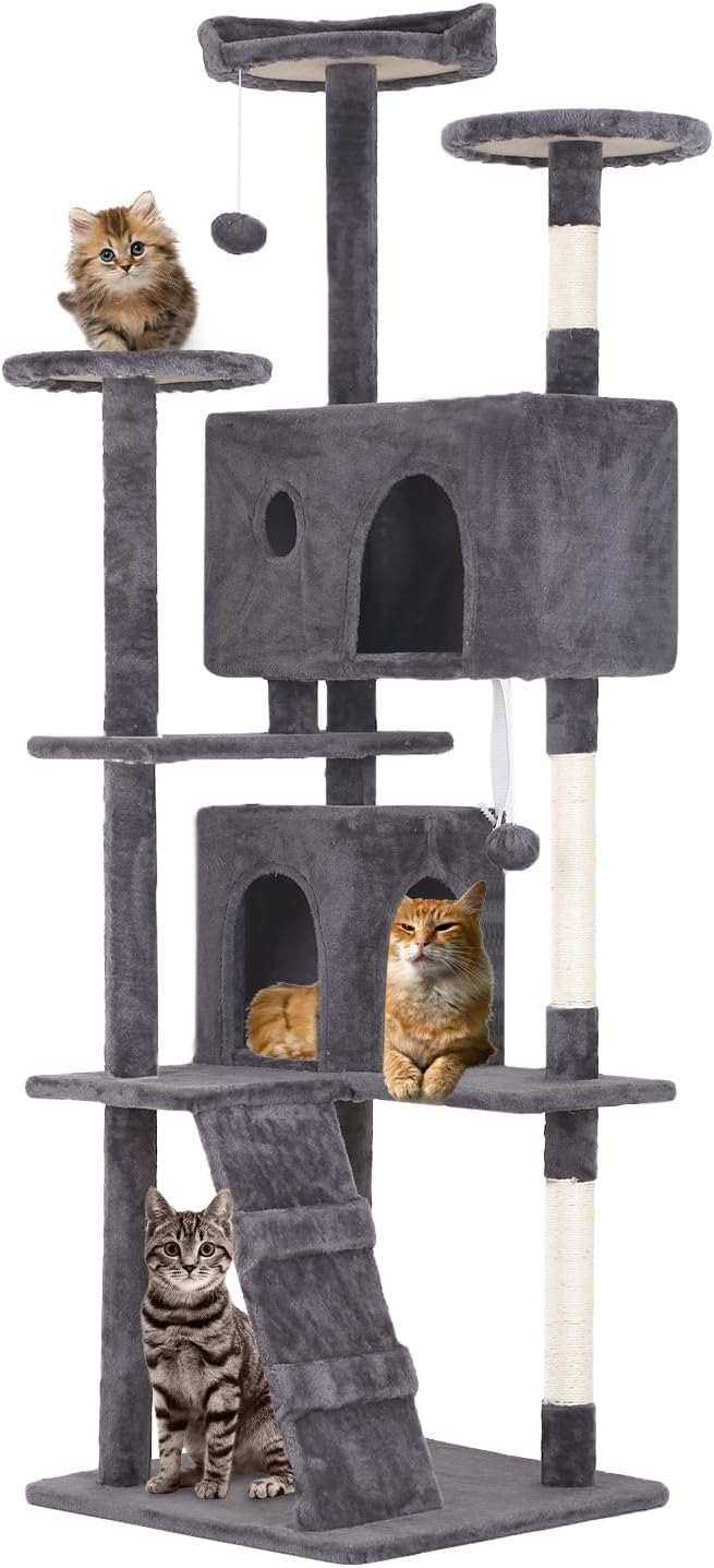 FDW Cat Tree 70in Cat Tower Multi-Level Durable Cat Scratching Post & Cozy Fun Cat Jumping Platform Space Saving Cat Condo Pet Play House for Indoor Cats,Light Gray-Mewly Pet
