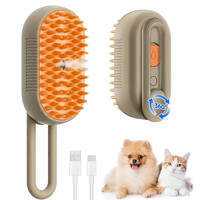 cat steam brush for shedding -4 in 1 Rechargeable Steam Brush for Cats and Dogs, Anti-static, Massage, Cleaning, Shedding & Combing All In One! grooming tool for cats and dogs（Brown）-Mewly Pet