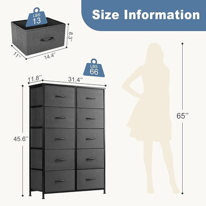DUMOS Dresser for Bedroom, 10 Storage Drawers, Wide Fabric Closet Chests Organizer Tower Furniture with Wooden Top Metal Frame for Clothes, Guest Room, Living Room, Hallway, Entryway