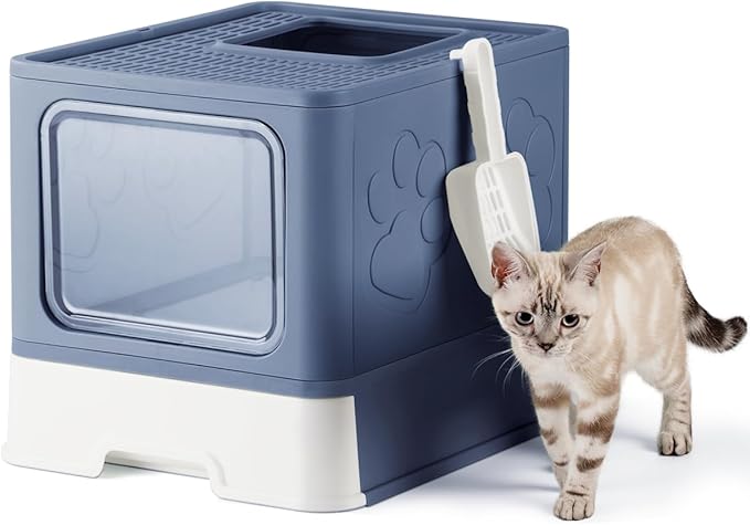 Enclosed Cat Litter Box, Large Litter Box for Big Cats, Covered Kitty Litter Boxes with Lid, Top Entry Cat Box Enclosure with Scoop, Odor Control, Easy to Clean(Blue)-Mewly Pet
