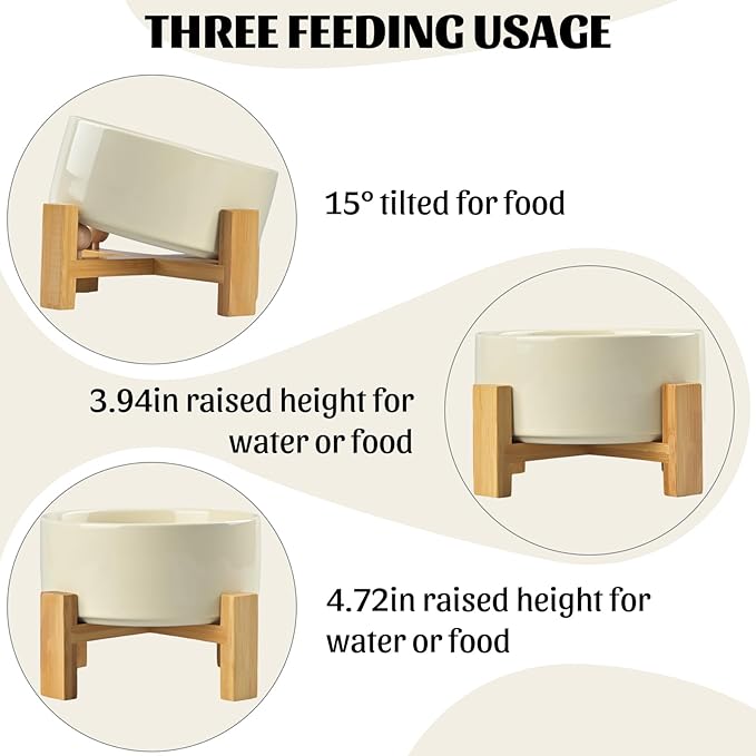 SPUNKYJUNKY 15° Slanted Ceramic Dog and Cat Bowl with Wooden Stand, Tilted Bulldog Food and Water Bowl No Slip Non-Spill for Cats Medium Dogs Big Face Pets 28.7 OZ (3.6 Cups, Beige)-Mewly Pet