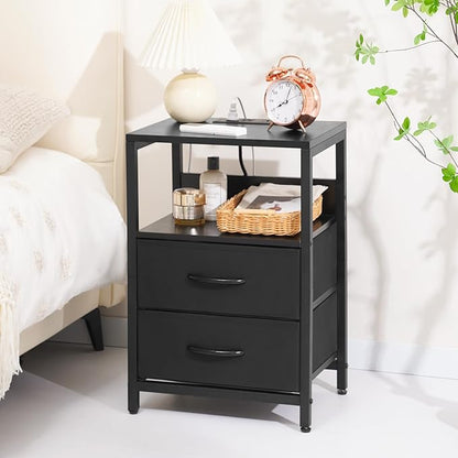 Yoobure Nightstand with Charging Station, Small Night Stand with Fabric Drawers and Storage Shelf for Bedrooms, Nightstands for Small Spaces, Bedside Table with USB Ports & Outlets Bed Side Table