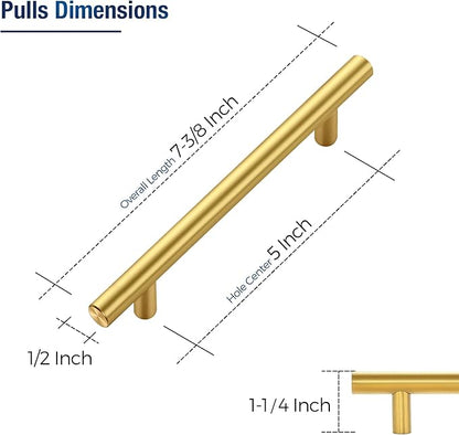 JOY DECOR 10 Pack Cabinet Handles, Gold Cabinet Pulls, 5 in Hole Center Kitchen Cabinet Handles, Stainless Steel T Bar Handles for Dresser Drawers