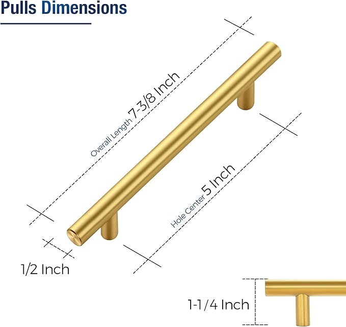 JOY DECOR 5 Pack Cabinet Handles, Gold Cabinet Pulls, 5 in Hole Center Kitchen Cabinet Handles, Stainless Steel T Bar Handles for Dresser Drawers