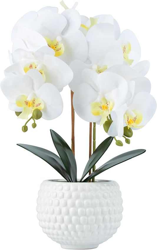 Large Artificial Orchids with Ceramic Pot, Faux Orchids for Living Room, Bathroom, Kitchen, Home, Hotel Indoor Decor (17'' White)