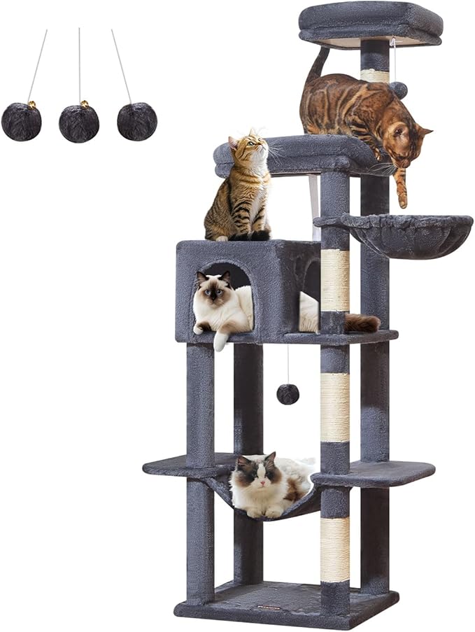 Taoqimiao MS042G Cat Tree,66-inch Large Cat Tower with Scratching Posts, Luxurious Large Platform for Big Cats with Soft Hammock, Adjustable Basket, Deluxe Cat Cando, Top Perch Smoke Gray-Mewly Pet