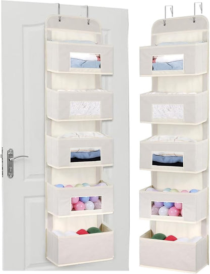 MAX Houser 5-Shelf Over The Door Hanging Organizer with 2 Metal Hooks, 5 Pocket Over The Door Wall Mount Storage with Clear Windows for Baby Nursery Bathroom Closet,Bedroom,Dorm,Diapers,Kids(Beige)