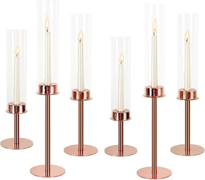 Hurricane Candle Holders Set of 6 Metal Candlestick Holder for Glass Taper Tall Candle Holders with Crystal Chimney Tube Candles Stands for Home Decor, Christmas, Dinning (6, Rose Gold)