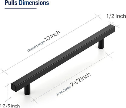 JOY DECOR 10 Pack 7-1/2 Inch Matte Black Square Cabinet Handles Stainless Steel Cabinet Hardware Pulls for Kitchen and Drawers with 10 Inch Overall Length
