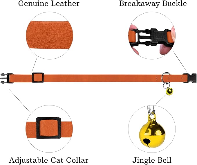 Breakaway Cat Collar Leather with Removable Bell - 13 Colors Available - Soft Adjustable Girl Boy Safety Lightweight Pet Kitten Collars Pink Brown Blue Green Red Orange Black (Orange)-Mewly Pet