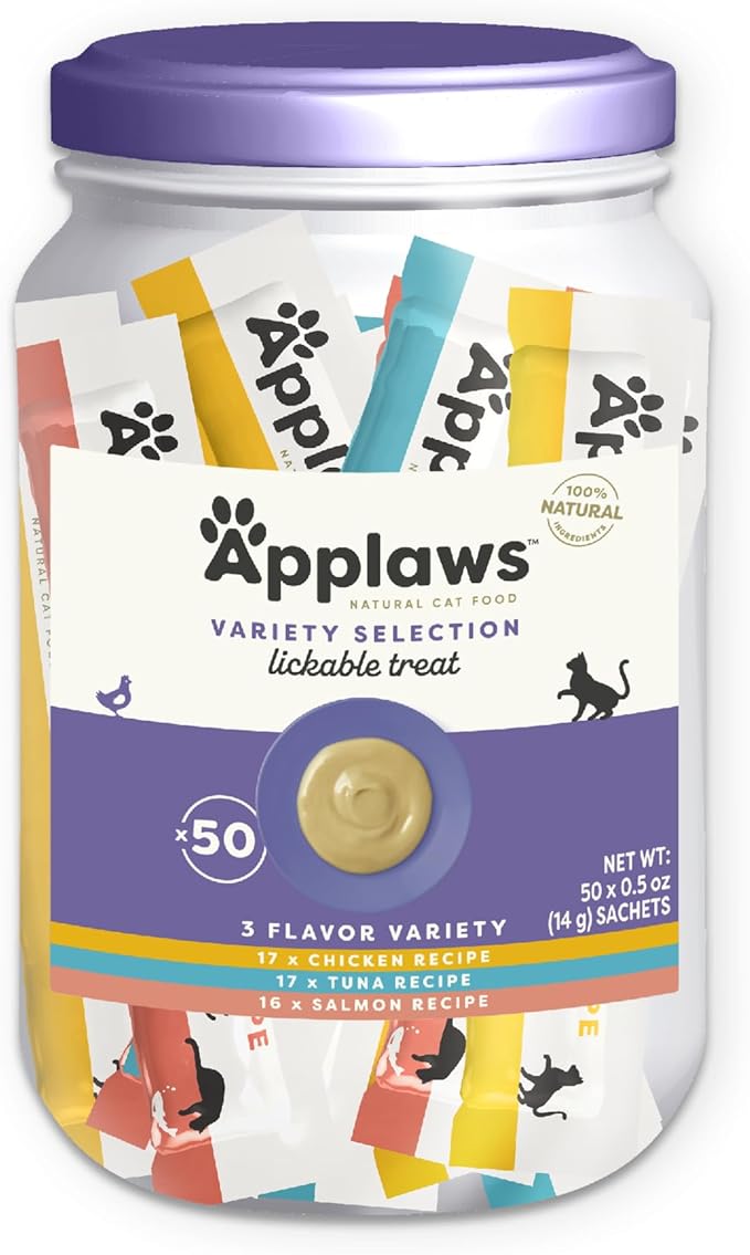 Applaws Lickable Cat Treats, Natural Grain-Free Purée, Limited Ingredient Variety Pack with Chicken, Tuna & Salmon Squeeze Up Treats (50 x 0.5oz Sachet Tub)-Mewly Pet