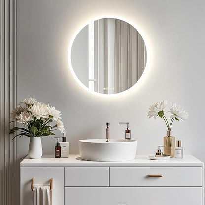 Wall-Mounted LED Round Bathroom Mirror, Makeup Mirror (24 inches x 24 inches,) 3 Color Stepless Dimmable Memory Bathroom Vanity Mirror with Lights CRI90+ 3000-6400K Smart Mirror with Touch
