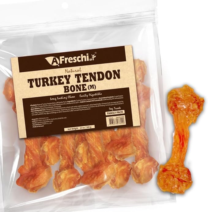 Afreschi Natural Turkey Tendon Bone (M) 10 oz, USA-Sourced Turkey Tendon, All Natural Puppy Chew, Hypoallergenic, Rawhide Alternative, for Medium Breeds-Mewly Pet