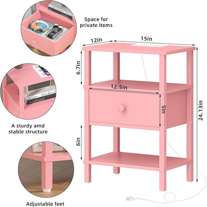 Lerliuo Nightstand Set of 2 with Charging Station and USB Ports, 3-Tier Storage Pink End Table with Drawer Shelf, Night Stand for Small Spaces, Wood Bedside Table for Living Room, Bedroom — Light Pink